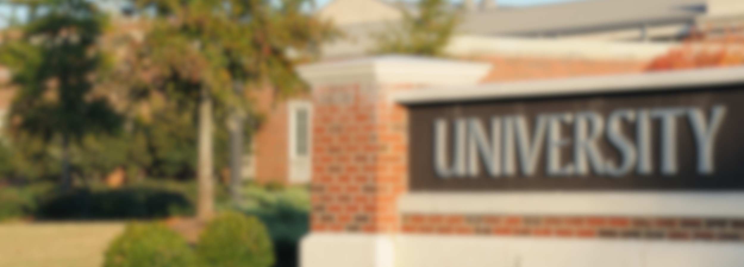 Blurred image of a university entrance sign mounted on a brick pillar, surrounded by greenery and a sunny campus background.
