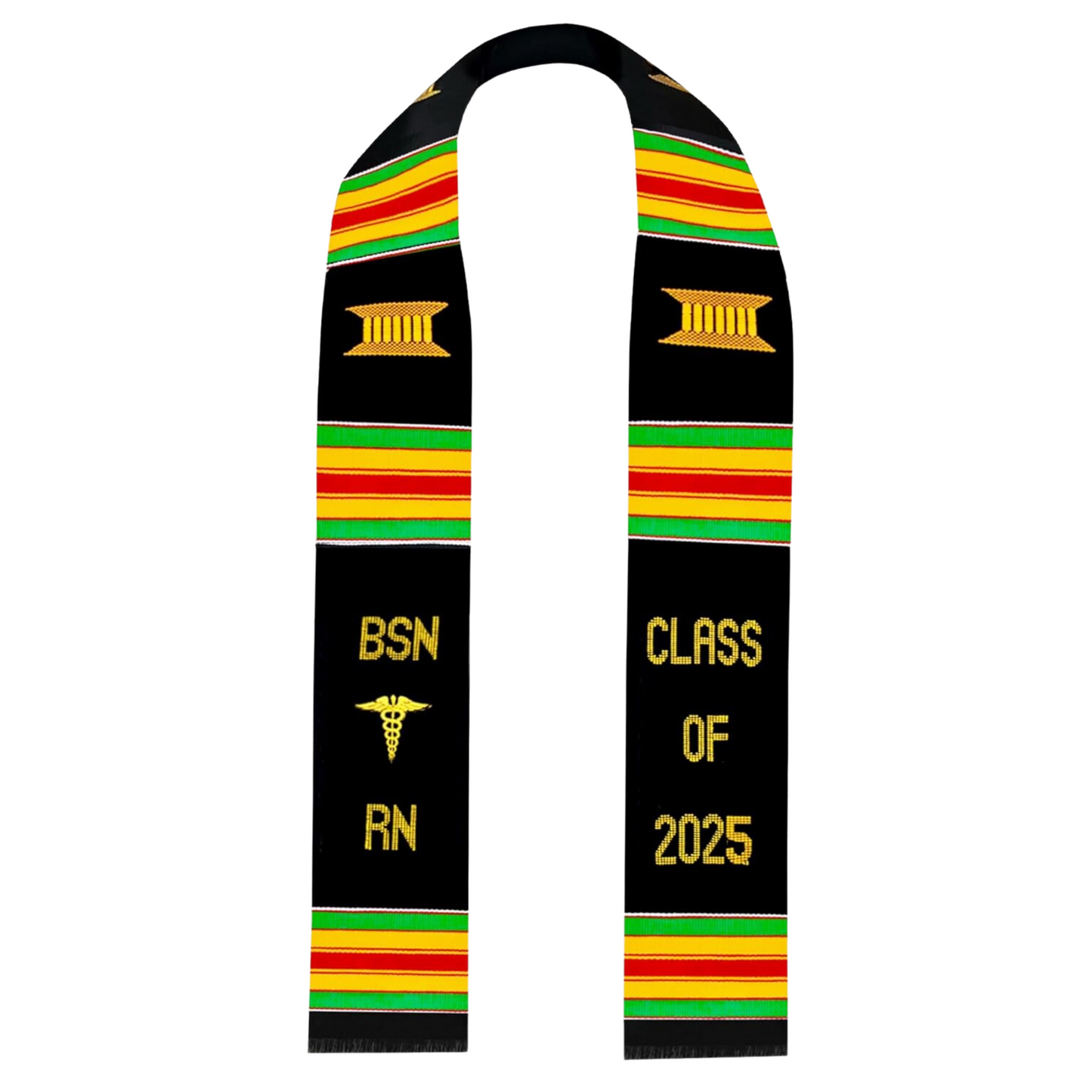 A black and yellow BSN RN Kente graduation stole featuring the bold vertical letters 'BSN RN' on the left, with a medical logo placed between 'BSN' and 'RN'. The phrase 'CLASS OF 2025' is embroidered horizontally on the right side of the stole. The stole showcases a custom Kente pattern with green, yellow, red, and green stripes, arranged in three sets on each side. The fabric is made of rayon.