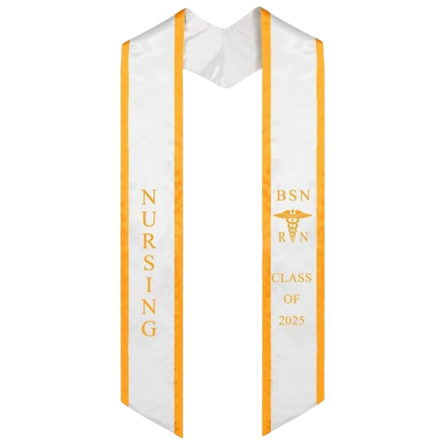 A white BSN RN graduation stole with yellow trim, displaying bold 'BSN RN' lettering embroidered on the left, a medical logo with BSN RN on the right, and 'CLASS OF 2025' embroidered horizontally below. The stole has slanted tips and a white plain background. All text is embroidered.