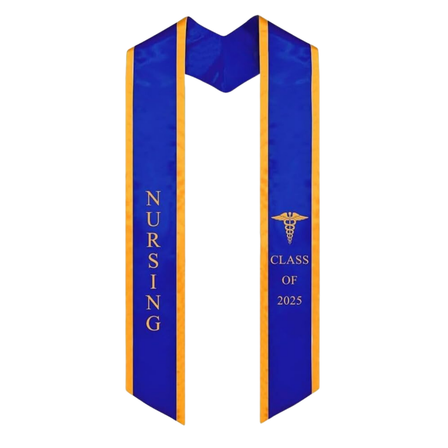 A nursing graduation stole in blue with gold trim, featuring the word 'NURSING' vertically in bold letters on the left, a medical logo at the top right, and 'CLASS OF 2025' embroidered horizontally below the logo. The stole has slanted tips and a white plain background.