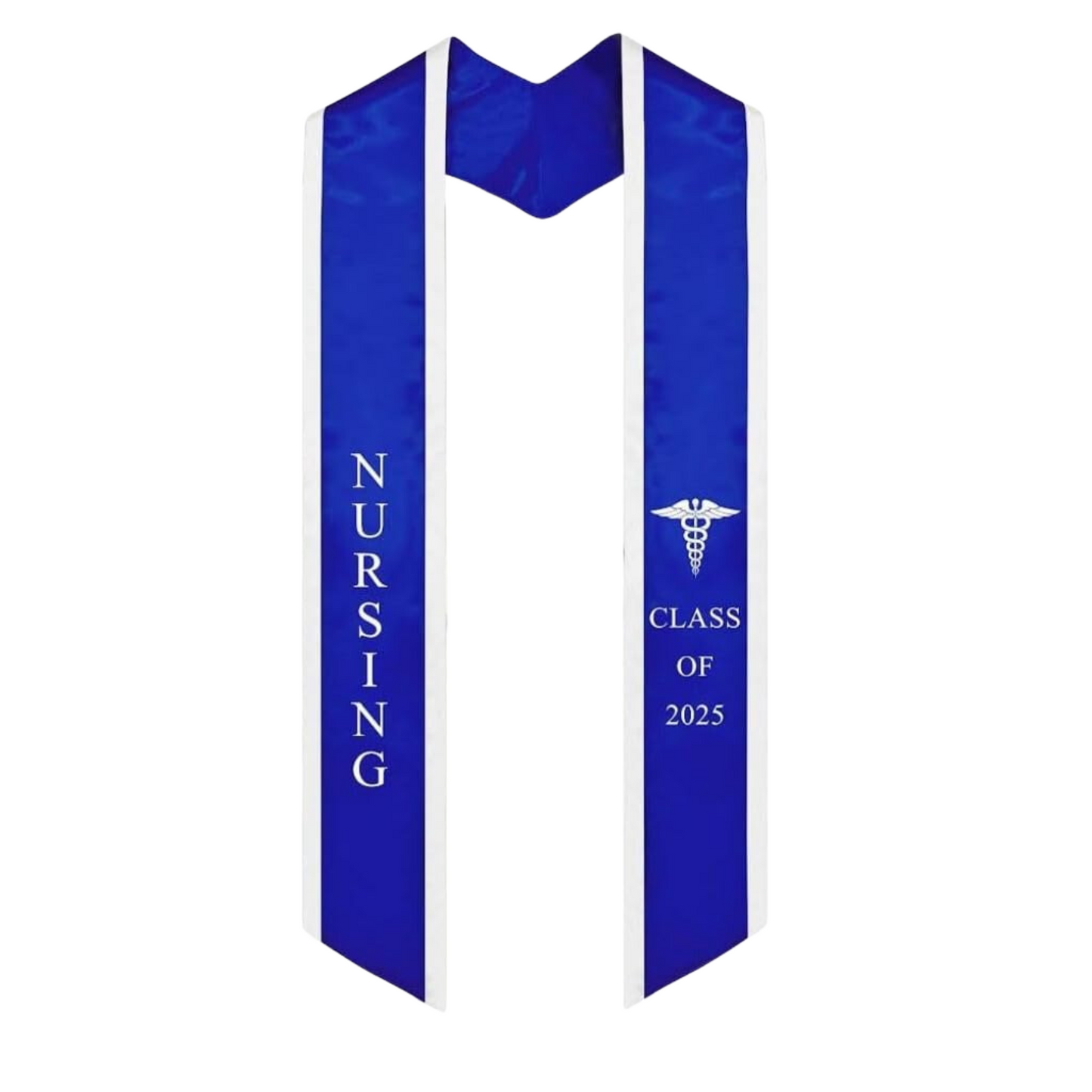 A nursing graduation stole in blue with white trim, showcasing the word 'NURSING' in bold vertical lettering on the left, a medical logo at the top right, and 'CLASS OF 2025' embroidered horizontally beneath it. The stole features slanted tips and a white plain background.