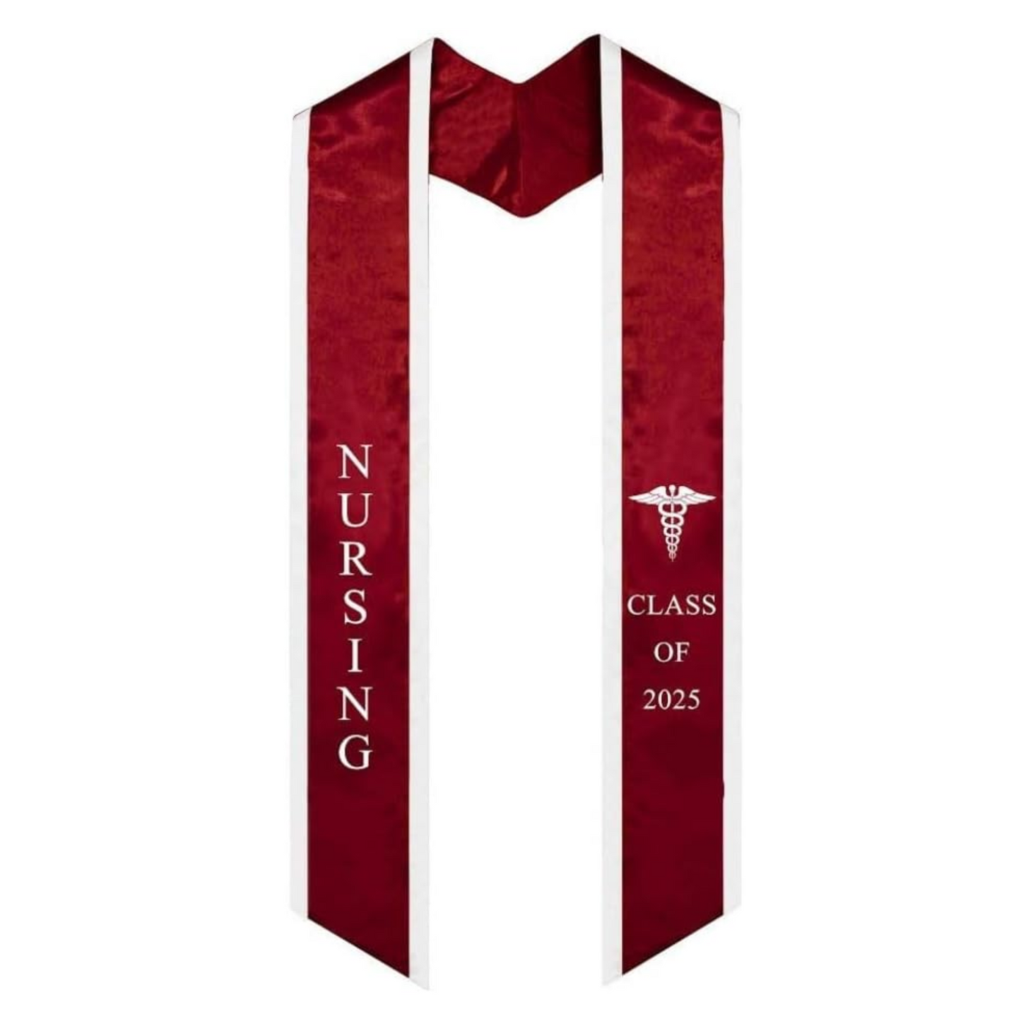 A burgundy nursing graduation stole with white trim, displaying the bold vertical lettering of 'NURSING' on the left, a medical logo at the top right, and 'CLASS OF 2025' embroidered horizontally below. The stole has slanted tips and a white plain background.