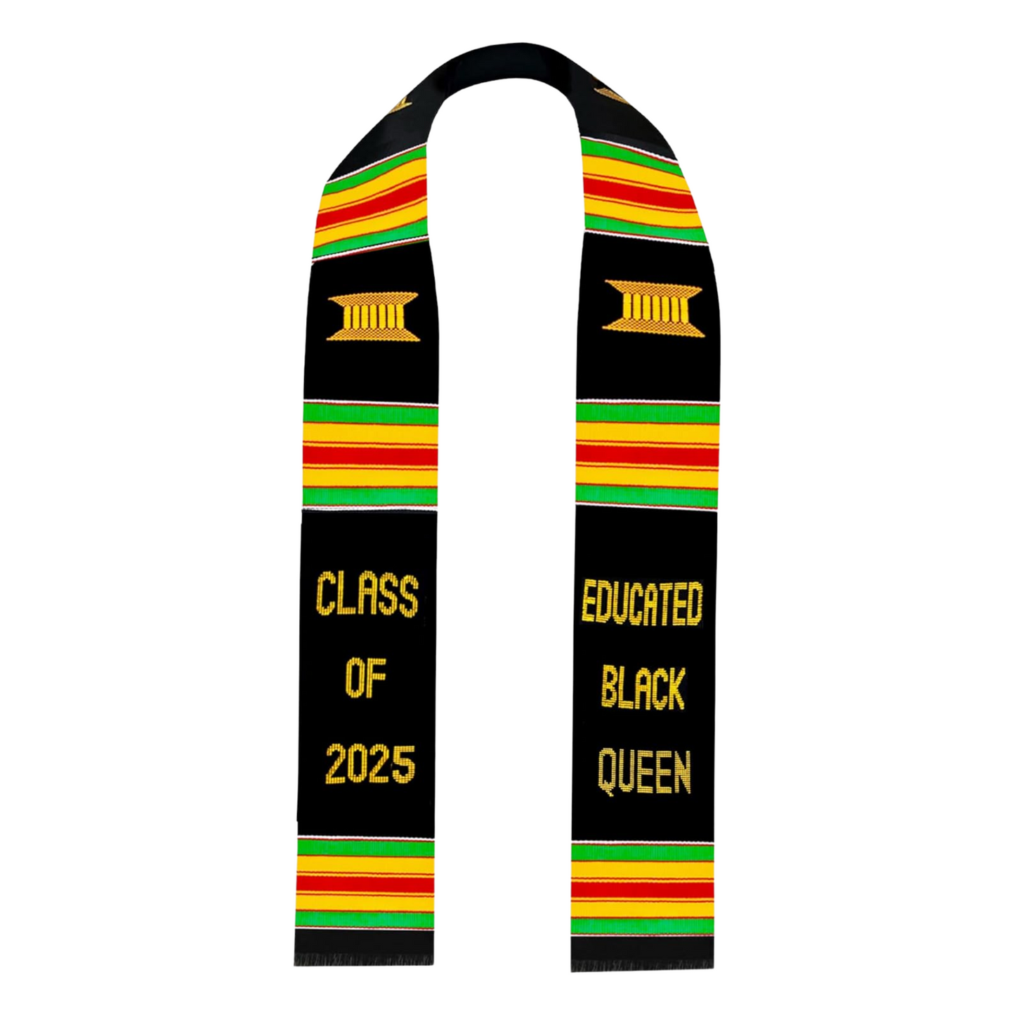 A beautifully woven black graduation stole with colorful Kente patterns, featuring gold embroidery that reads "EDUCATED BLACK QUEEN" and "CLASS OF 2025."