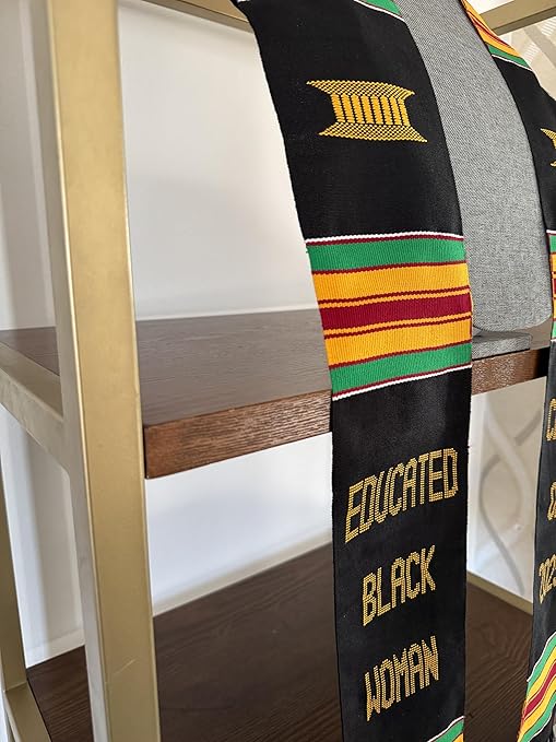 A Kente Graduation Stole embroidered with "Educated Black Woman" on the right and "Class of 2025" on the left