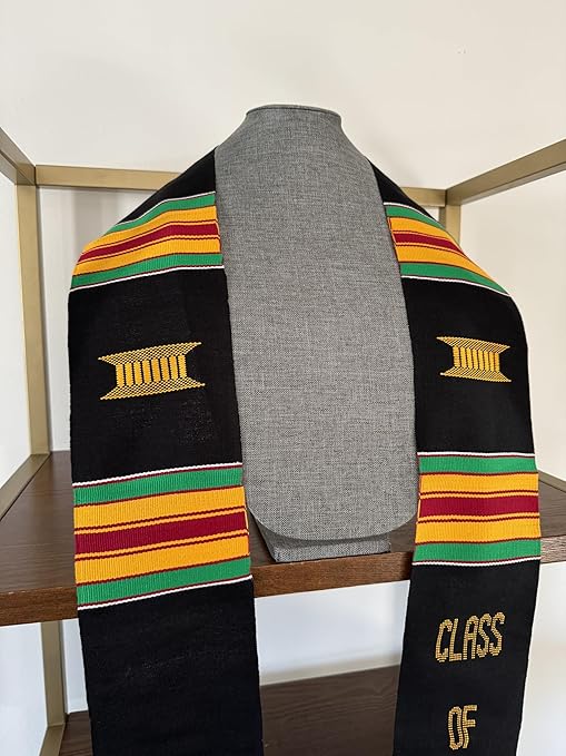 A Kente Graduation Stole embroidered with "Educated Black Woman" on the right and "Class of 2025" on the left