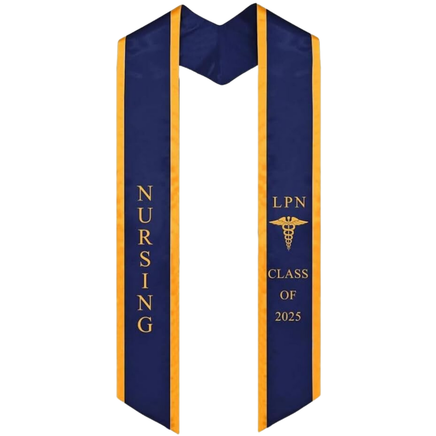 A blue LPN graduation stole with gold trim, featuring bold 'LPN' lettering embroidered at the top, followed by a medical logo and 'CLASS OF 2025' embroidered below. The stole has slanted tips and a white plain background. All characters are embroidered.