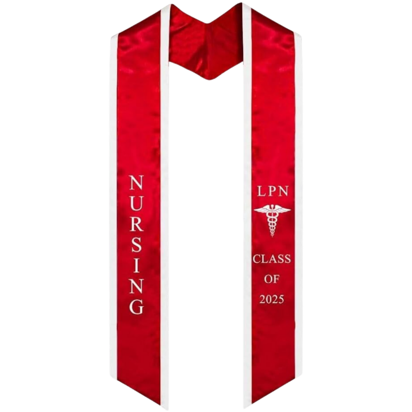 A burgundy LPN graduation stole with white trim, showcasing bold 'LPN' lettering embroidered at the top, followed by a medical logo and 'CLASS OF 2025' embroidered beneath. The stole has slanted tips and a white plain background. All characters are embroidered.