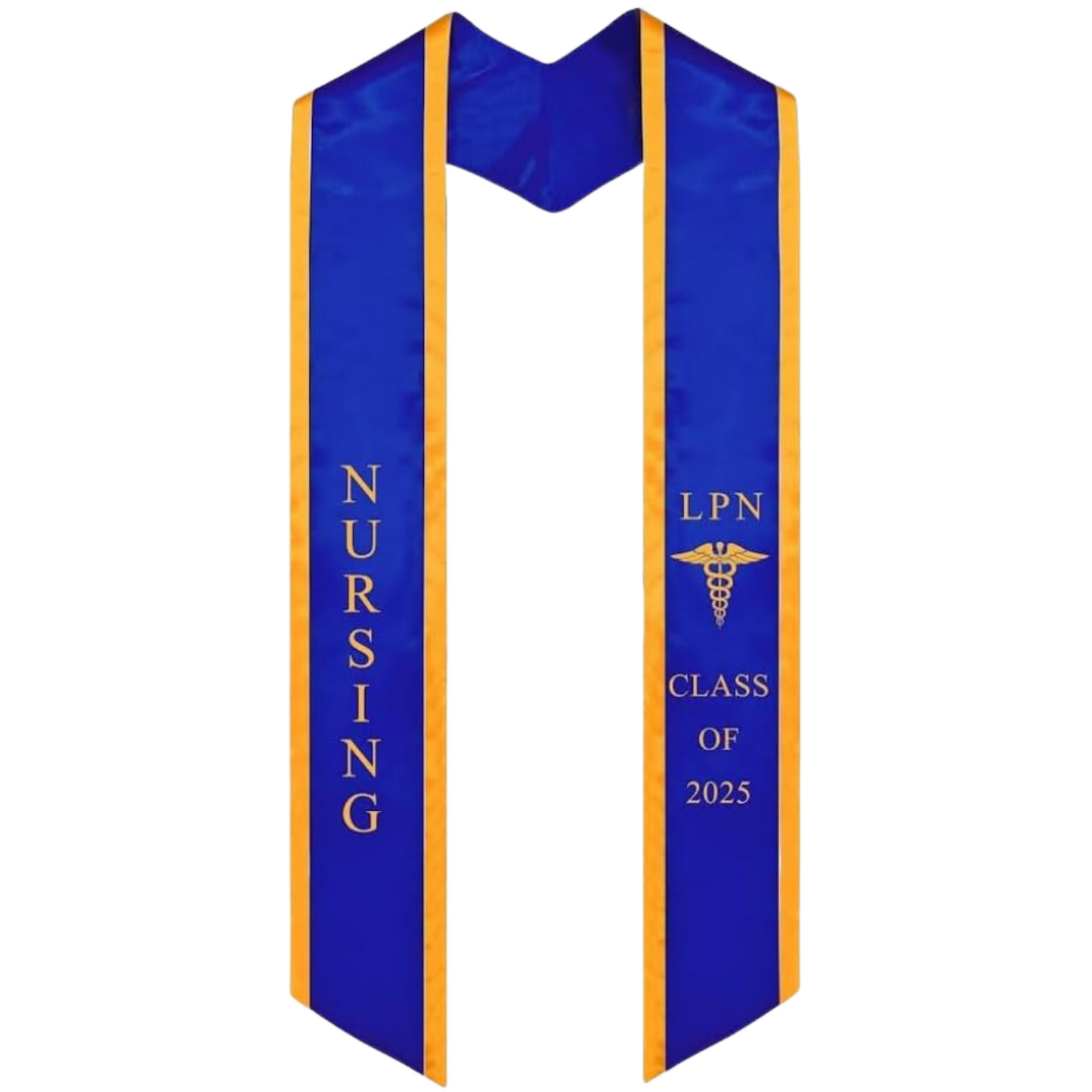 A royal blue LPN graduation stole with gold trim, displaying bold 'LPN' lettering embroidered at the top, a medical logo beneath it, and 'CLASS OF 2025' embroidered below. The stole has slanted tips and a white plain background. All letters are embroidered.
