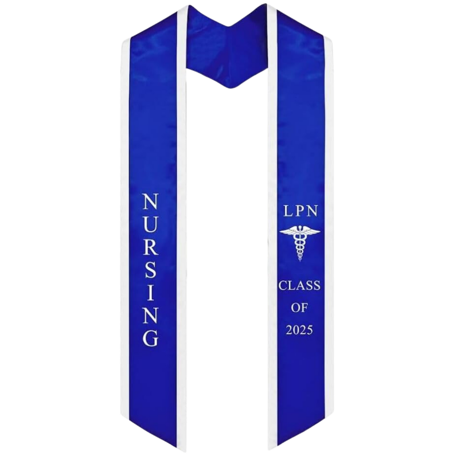 A royal blue LPN graduation stole with gold trim, displaying bold 'LPN' lettering embroidered at the top, a medical logo beneath it, and 'CLASS OF 2025' embroidered below. The stole has slanted tips and a white plain background. All letters are embroidered.