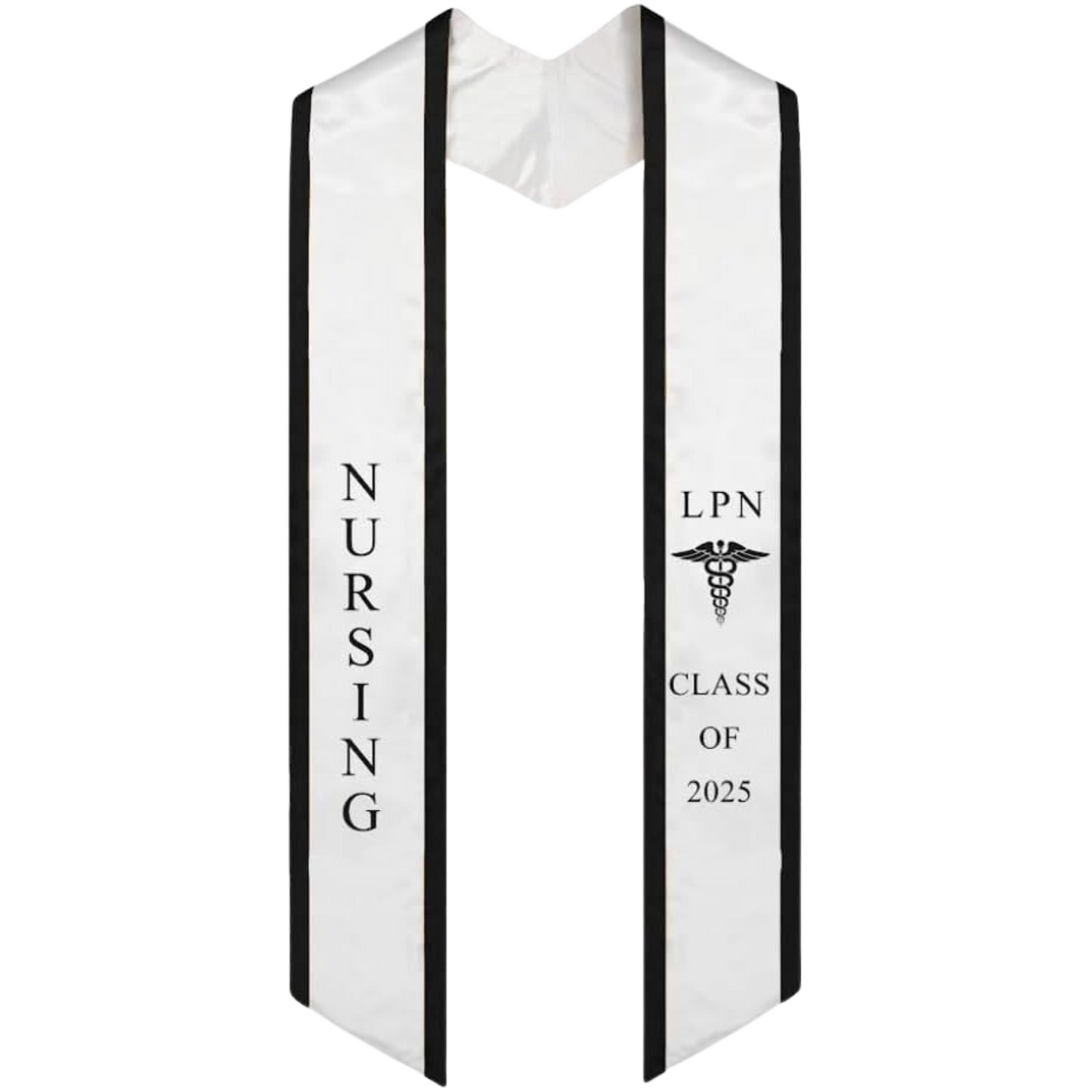 A white LPN graduation stole with black trim, showcasing bold 'LPN' lettering embroidered at the top, followed by a medical logo and 'CLASS OF 2025' embroidered beneath. The stole has slanted tips and a white plain background. All characters are embroidered.
