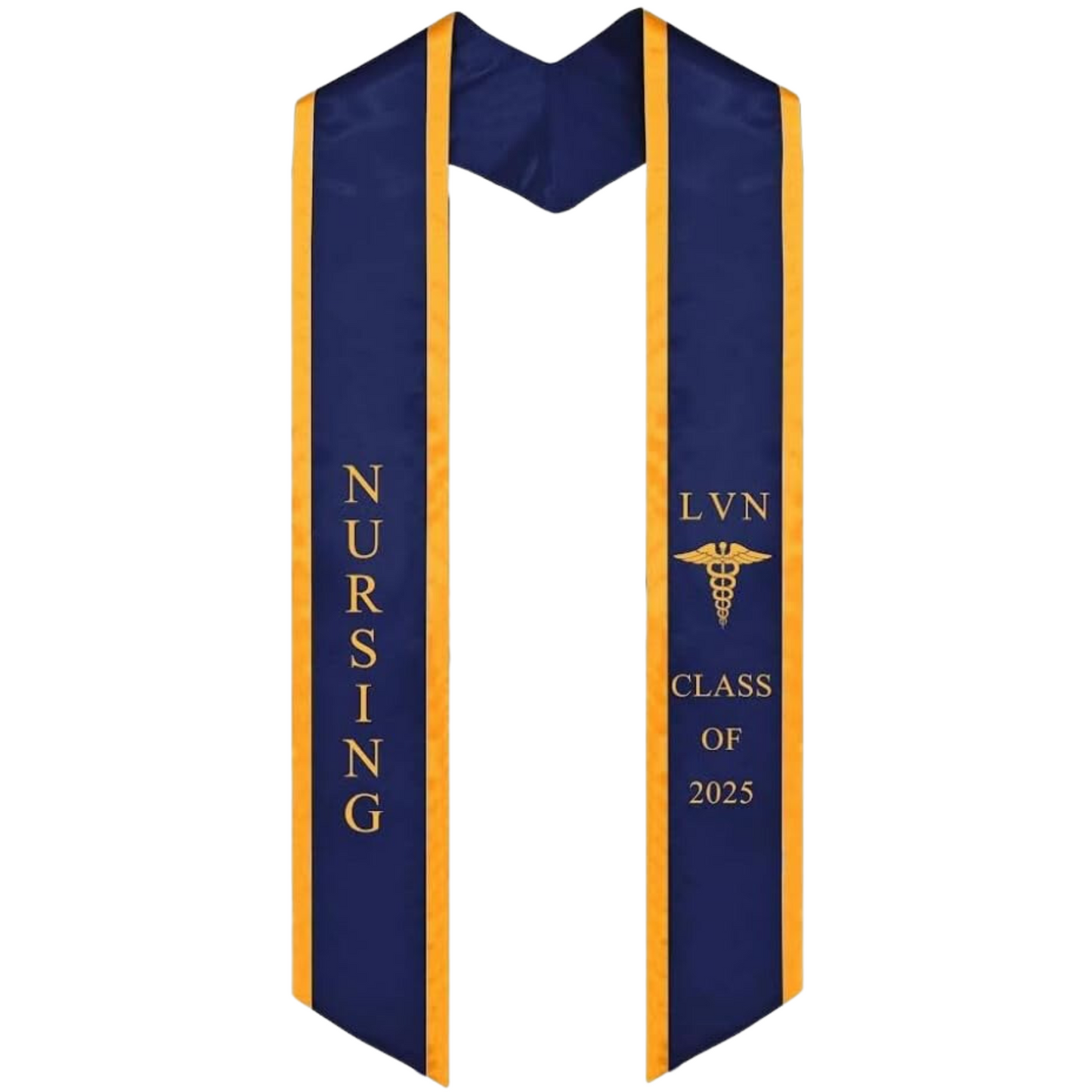 A royal blue LVN graduation stole with gold trim, displaying bold 'LVN' lettering embroidered at the top, a medical logo beneath it, and 'CLASS OF 2025' embroidered below. The stole has slanted tips and a white plain background. All letters are embroidered.