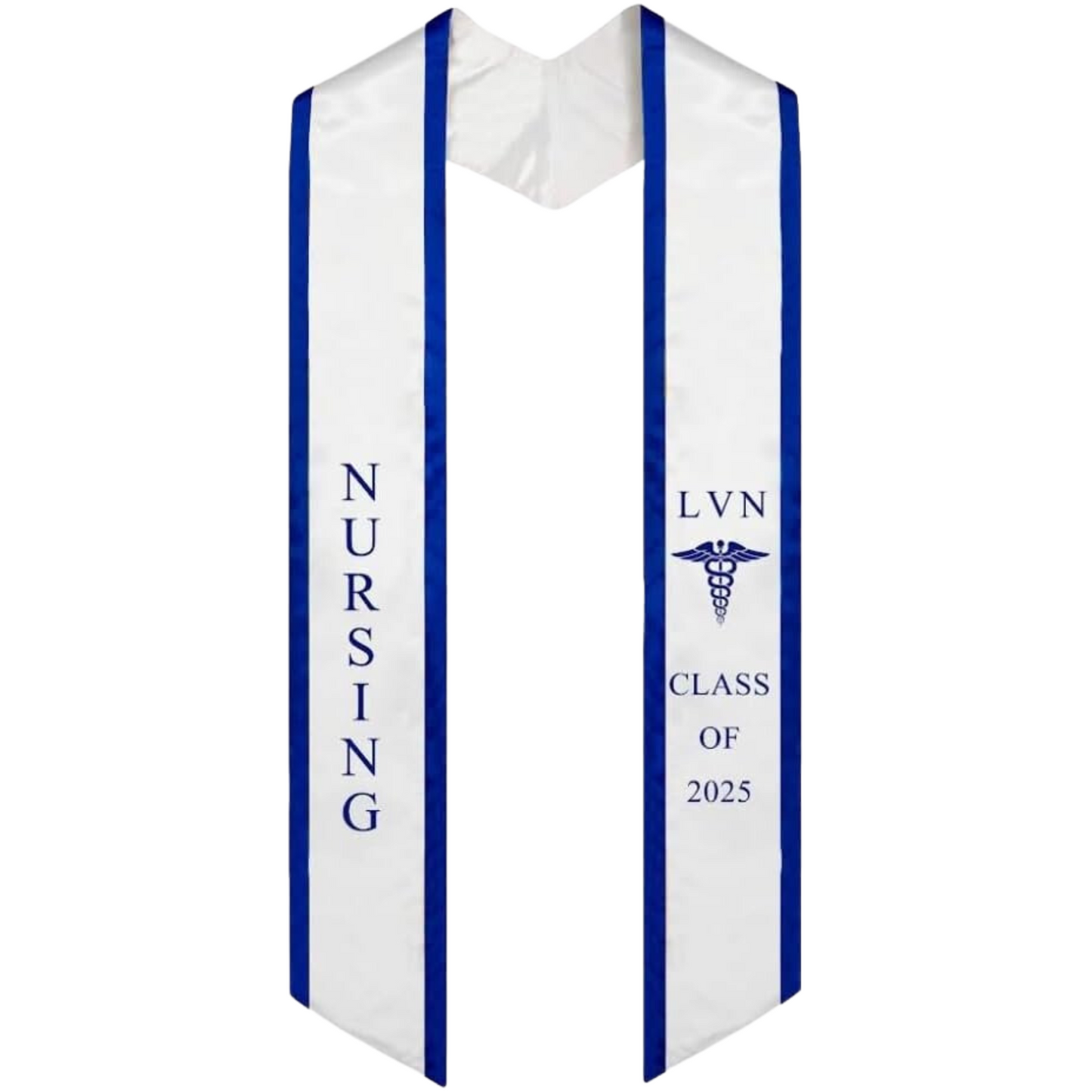 A white LVN graduation stole with blue trim, featuring bold 'LVN' lettering embroidered at the top, a medical logo below it, and 'CLASS OF 2025' embroidered horizontally beneath. The stole has slanted tips and a white plain background. All text is embroidered.