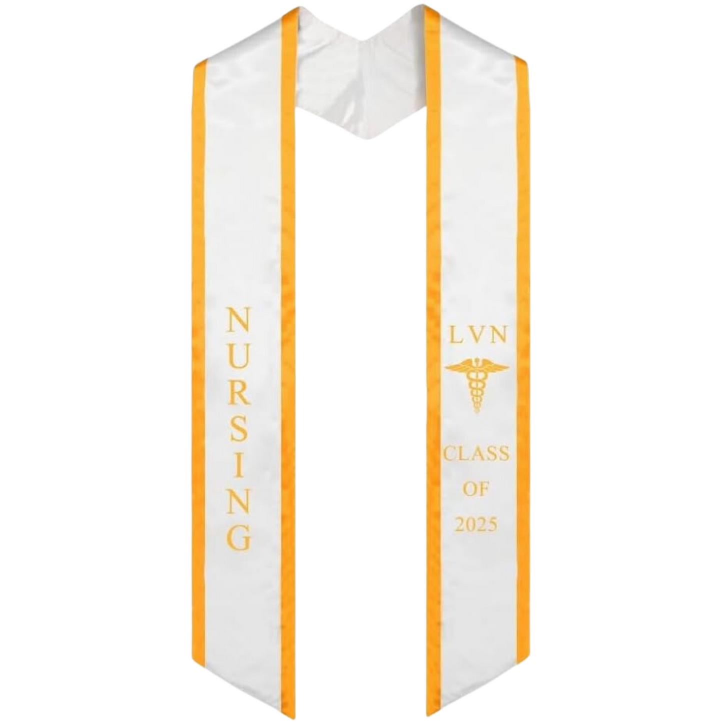 A white LVN graduation stole with gold trim, displaying bold 'LVN' lettering embroidered at the top, a medical logo beneath it, and 'CLASS OF 2025' embroidered below. The stole has slanted tips and a white plain background. All characters are embroidered.