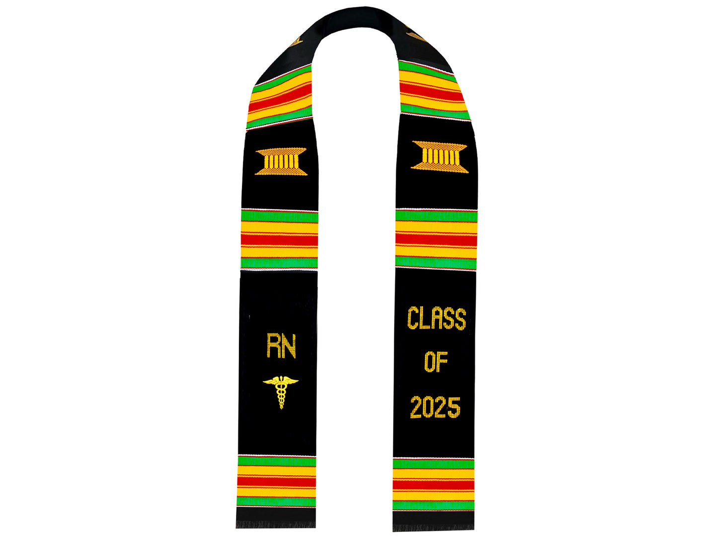Black and yellow RN Kente graduation stole with 'CLASS OF 2025' in bold lettering, featuring a custom Kente pattern in green, yellow, red, and yellow with a medical logo.