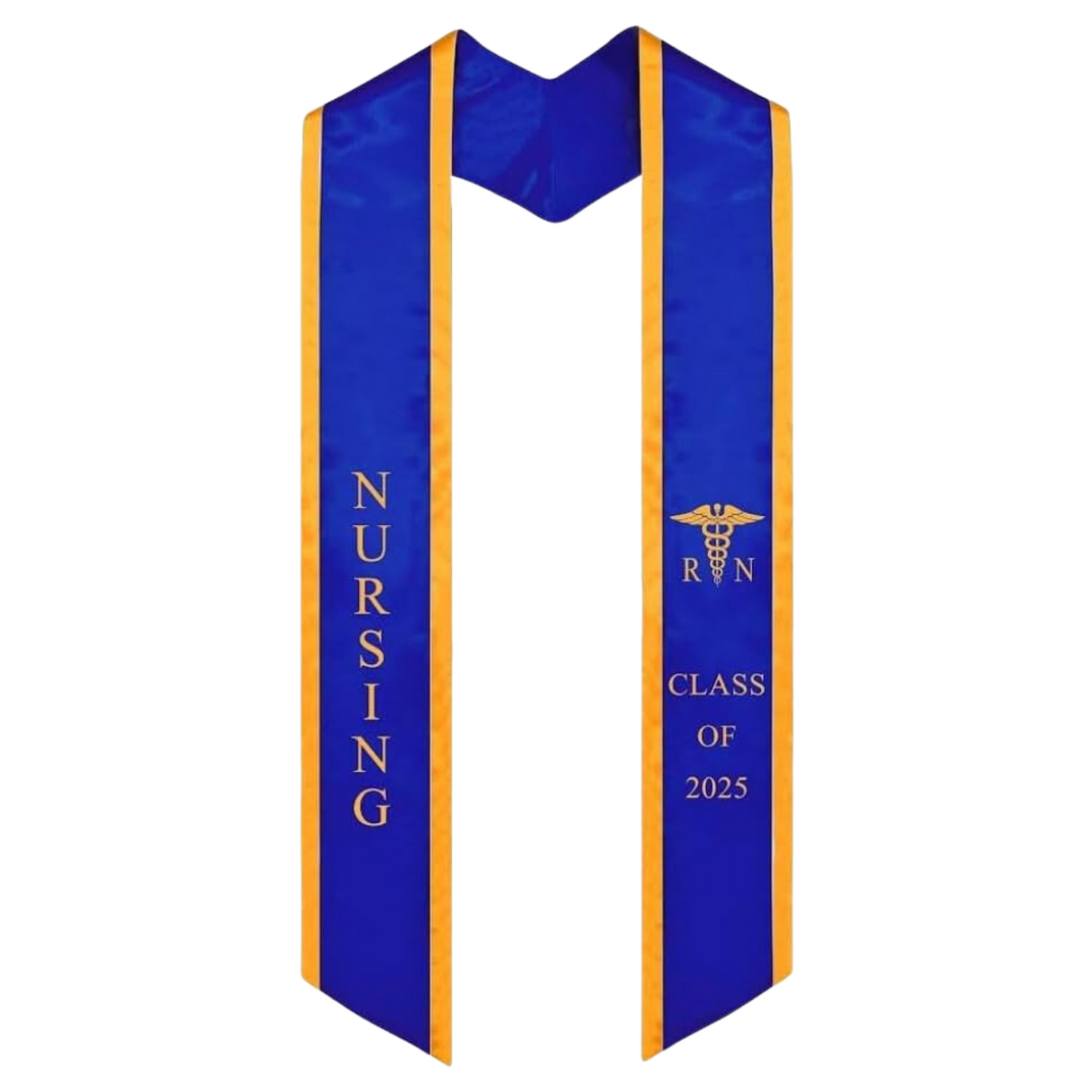 A blue nursing graduation stole with gold trim, featuring bold vertical 'NURSING' lettering on the left, a medical logo with 'RN' at the top right, and 'CLASS OF 2025' embroidered horizontally below. The stole has slanted tips and a white plain background. All characters are embroidered.