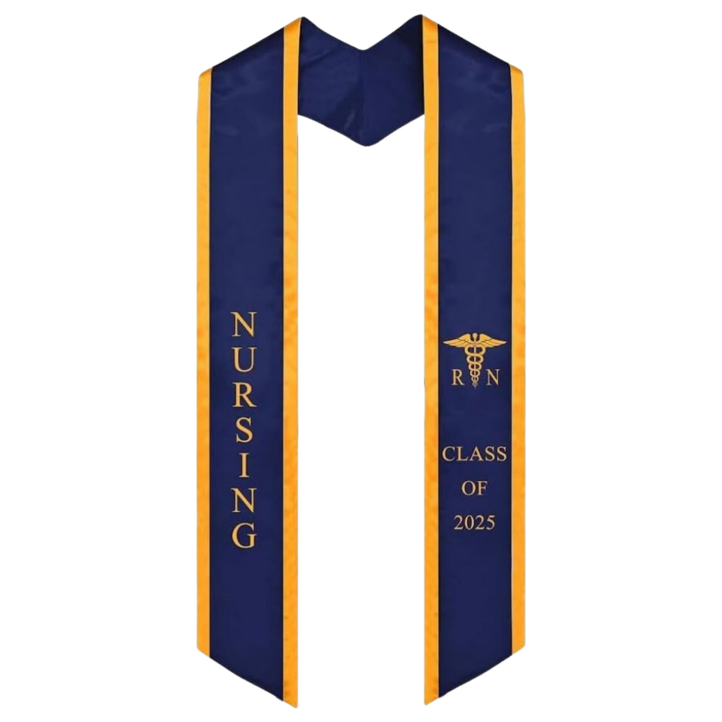 A royal blue nursing graduation stole with gold trim, showcasing bold vertical 'NURSING' lettering on the left, a medical logo with 'RN' at the top right, and 'CLASS OF 2025' embroidered horizontally beneath it. The stole has slanted tips and a white plain background. All text is embroidered.