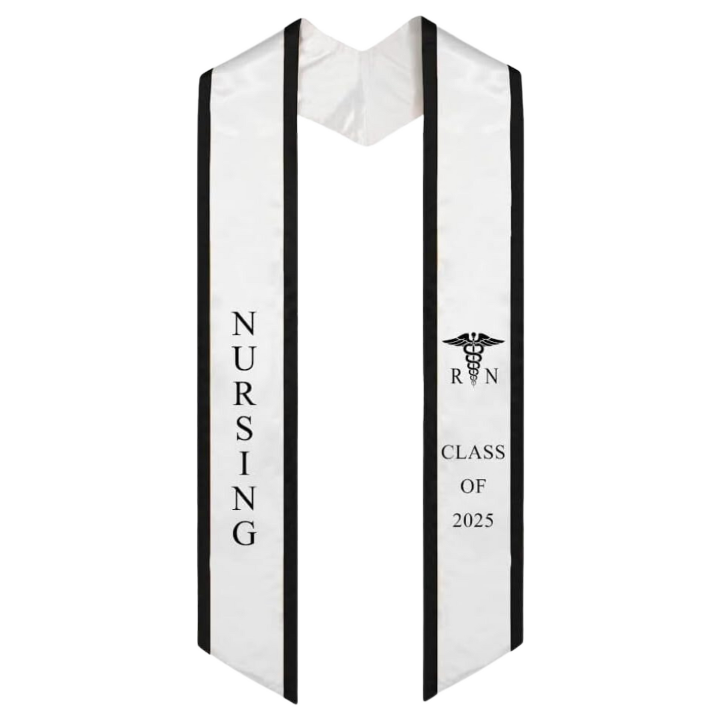 A white nursing graduation stole with black trim, displaying bold vertical 'NURSING' lettering on the left, a medical logo with 'RN' at the top right, and 'CLASS OF 2025' embroidered horizontally beneath it. The stole has slanted tips and a white plain background. All characters are embroidered.