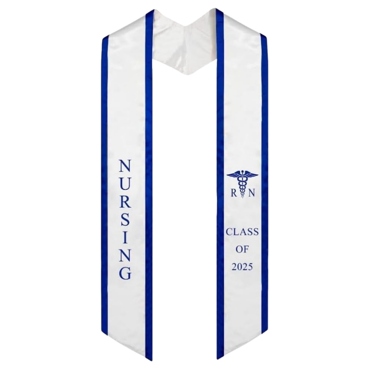 A white nursing graduation stole with blue trim, featuring bold vertical 'NURSING' lettering on the left, a medical logo with 'RN' at the top right, and 'CLASS OF 2025' embroidered horizontally beneath. The stole has slanted tips and a white plain background. All letters are embroidered.