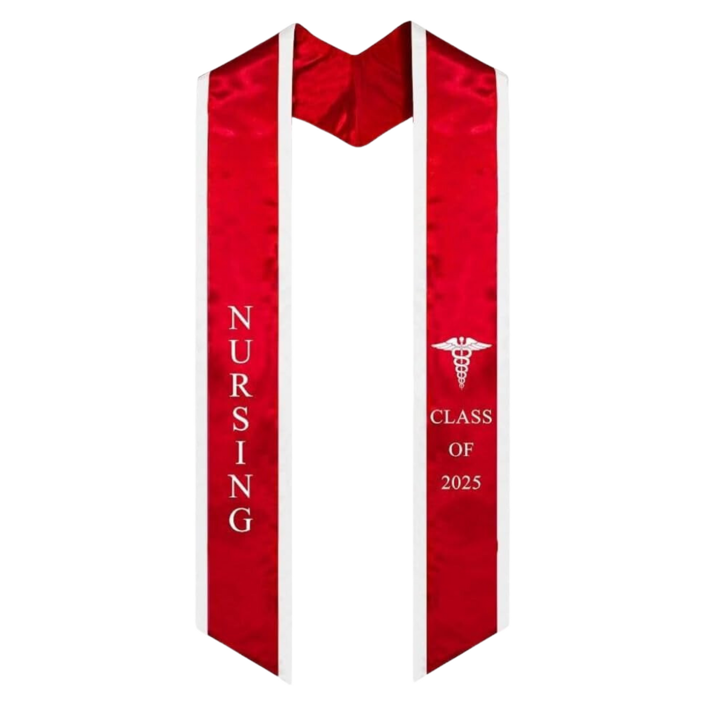 A red nursing graduation stole with white trim, featuring the word 'NURSING' in bold vertical lettering on the left side, a medical logo at the top right, and 'CLASS OF 2025' embroidered horizontally beneath it. The stole has slanted tips and a white plain background.