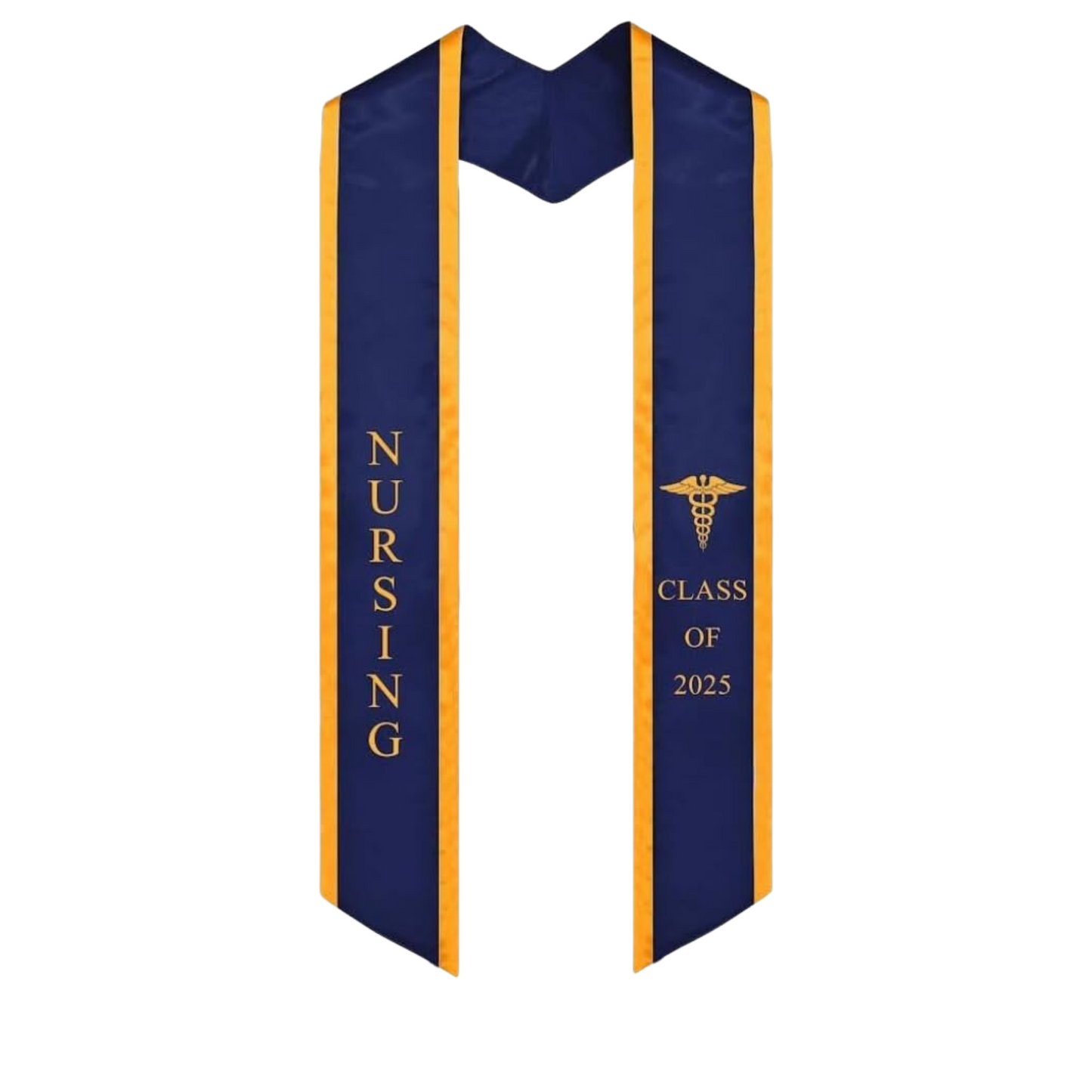 A royal blue nursing graduation stole with gold trim, showcasing the word 'NURSING' in bold vertical letters on the left, a medical logo at the top right, and 'Class of 2025' embroidered horizontally below the logo. The stole has slanted tips and a white plain background.