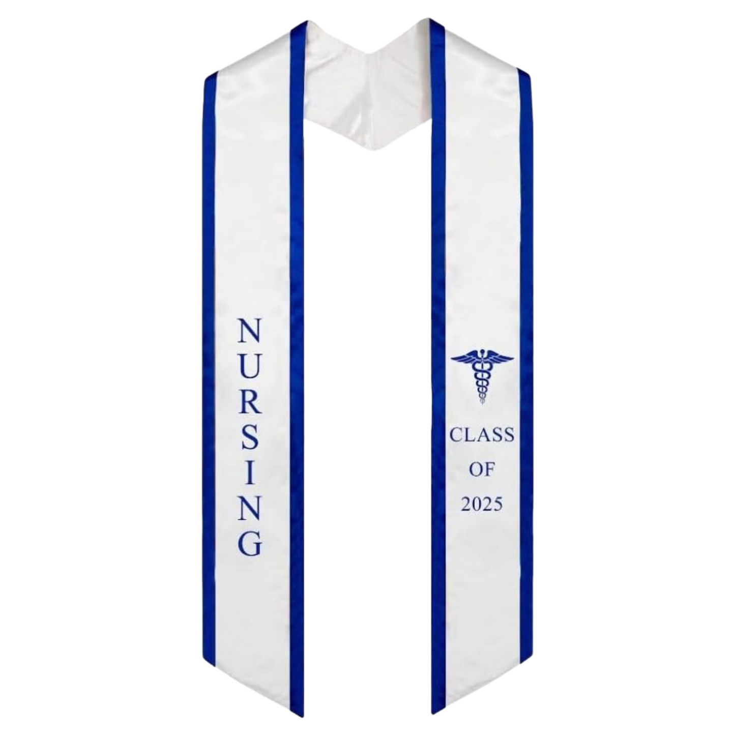 A white nursing graduation stole with blue trim, displaying the bold vertical lettering of 'NURSING' on the left, a medical logo at the top right, and 'CLASS OF 2025' embroidered horizontally beneath the logo. The stole has slanted tips and a white plain background.