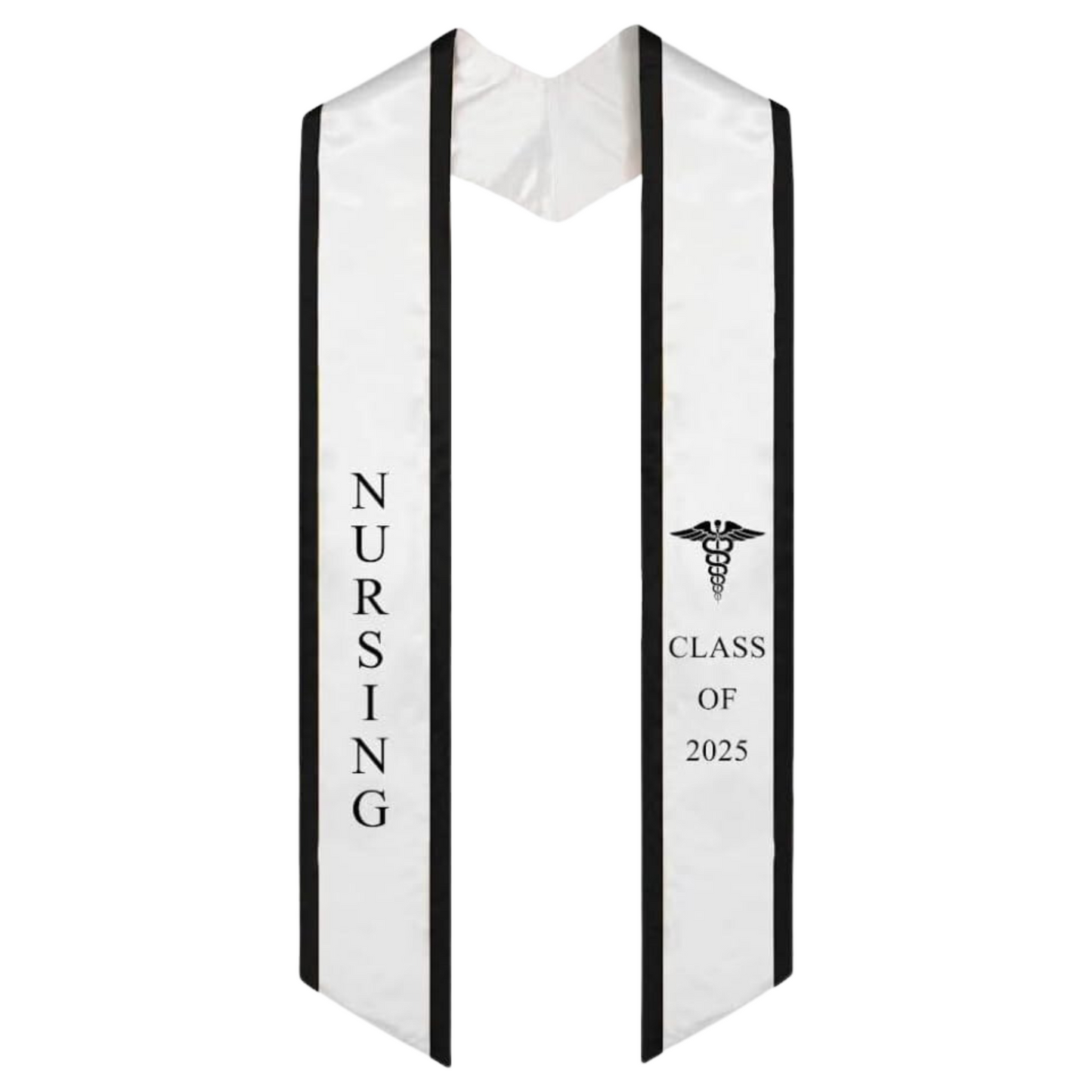 A white nursing graduation stole with black trim, featuring the word 'NURSING' in bold vertical letters on the left, a medical logo at the top right, and 'CLASS OF 2025' embroidered horizontally below the logo. The stole has slanted tips and a white plain background.