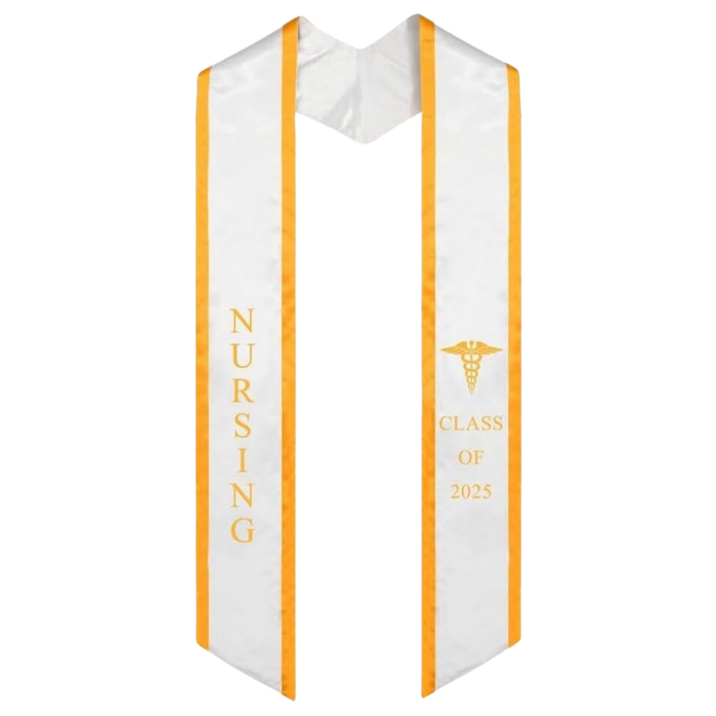 A white nursing graduation stole with gold trim, showcasing the word 'NURSING' in bold vertical lettering on the left, a medical logo at the top right, and 'CLASS OF 2025' embroidered horizontally below the logo. The stole features slanted tips and a white plain background.