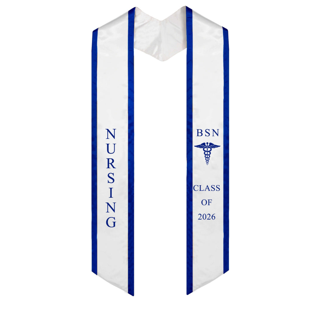 White with Blue Trim BSN Graduation Stole Class of 2026