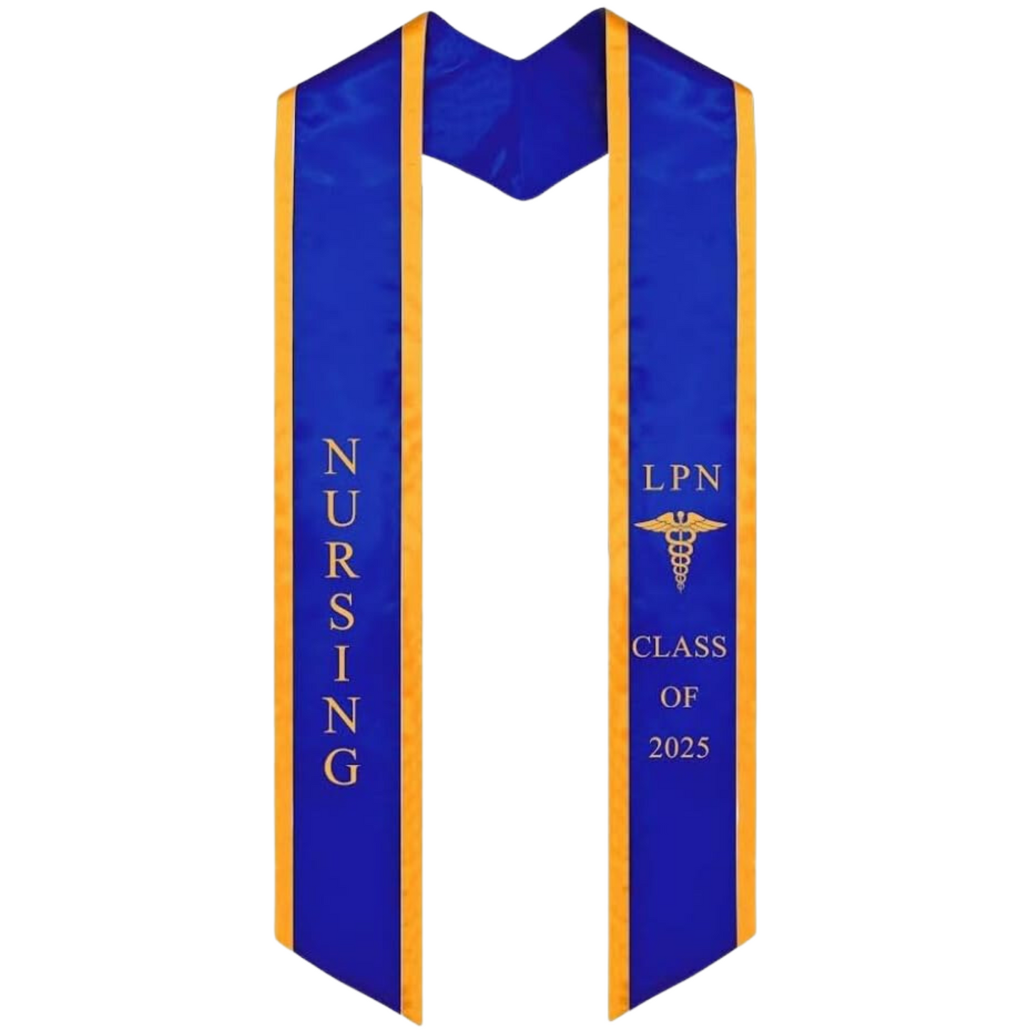 A blue LVN graduation stole with gold trim, featuring bold 'LVN' lettering embroidered at the top, followed by a medical logo and 'CLASS OF 2025' embroidered below. The stole has slanted tips and a white plain background. All characters are embroidered.