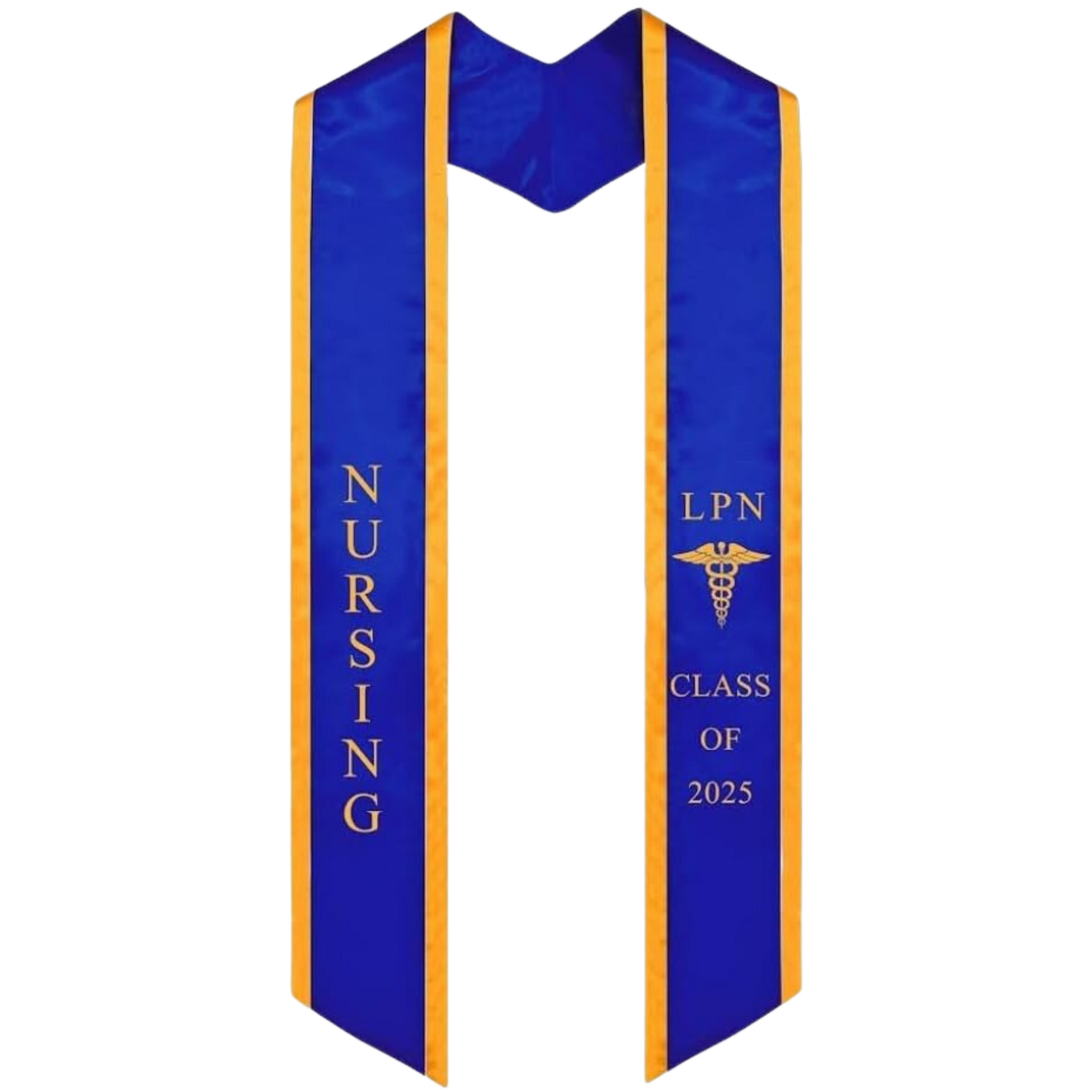 A blue LVN graduation stole with gold trim, featuring bold 'LVN' lettering embroidered at the top, followed by a medical logo and 'CLASS OF 2025' embroidered below. The stole has slanted tips and a white plain background. All characters are embroidered.