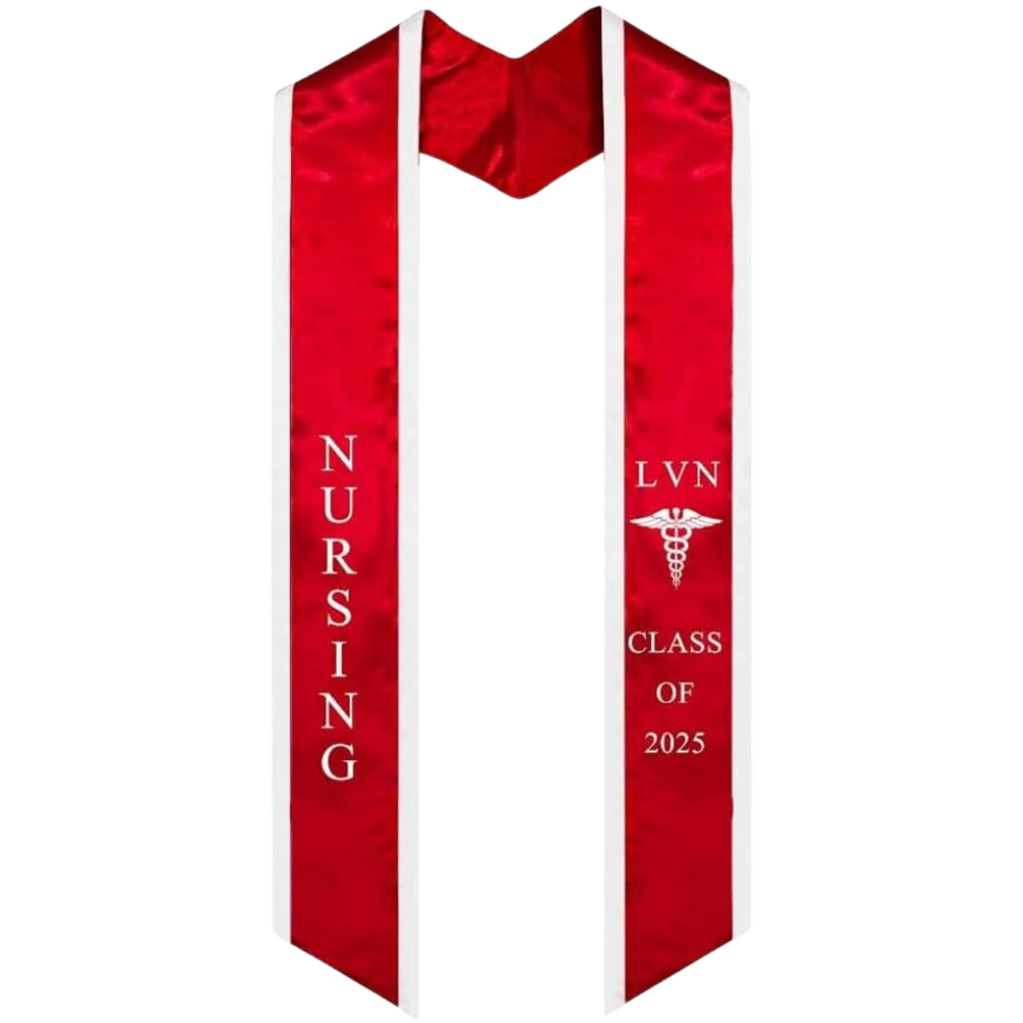 A red LVN graduation stole with white trim, featuring bold 'LVN' lettering embroidered at the top, a medical logo below it, and 'CLASS OF 2025' embroidered horizontally beneath. The stole has slanted tips and a white plain background. All text is embroidered.