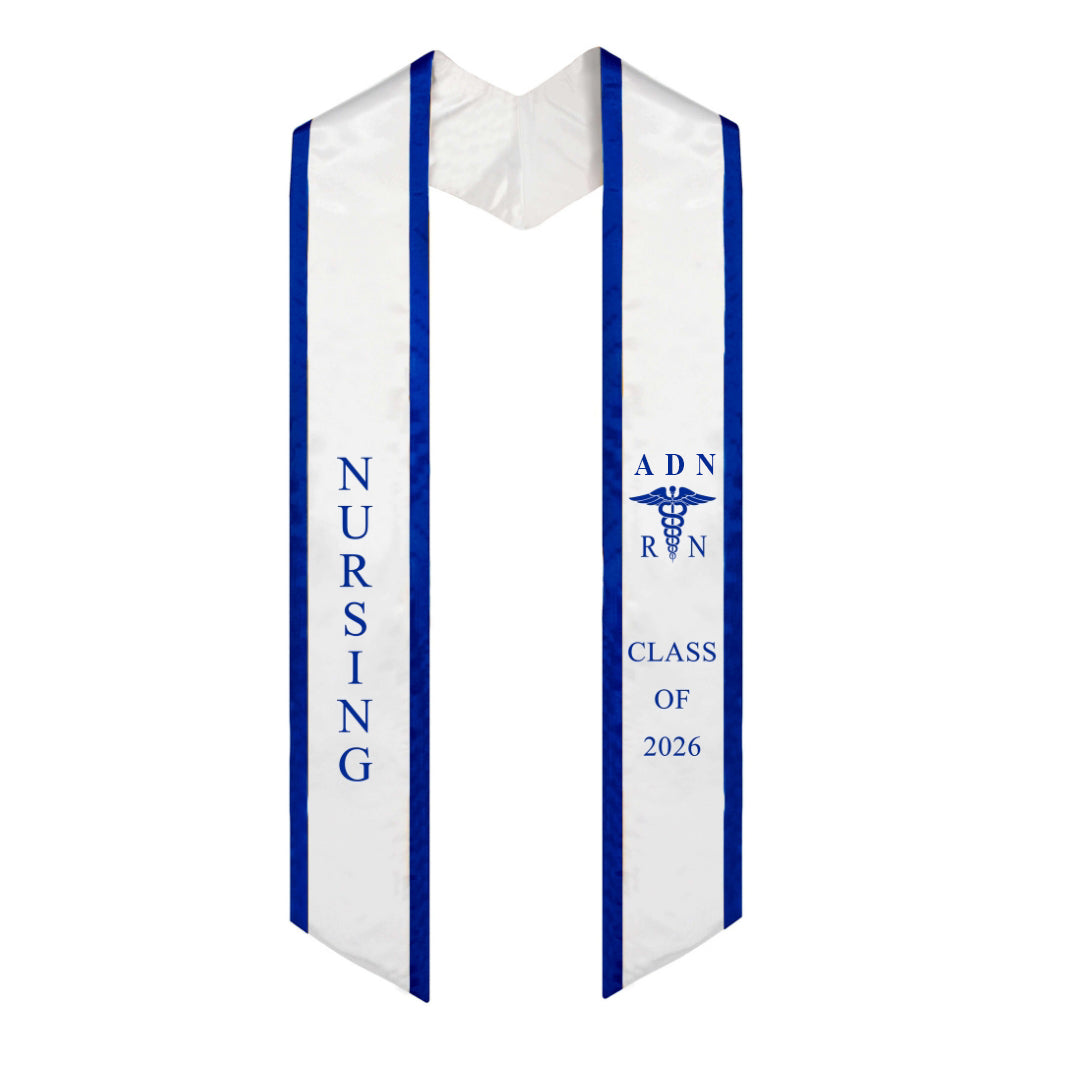White With Blue Trim ADN RN Graduation Stole Class of 2026